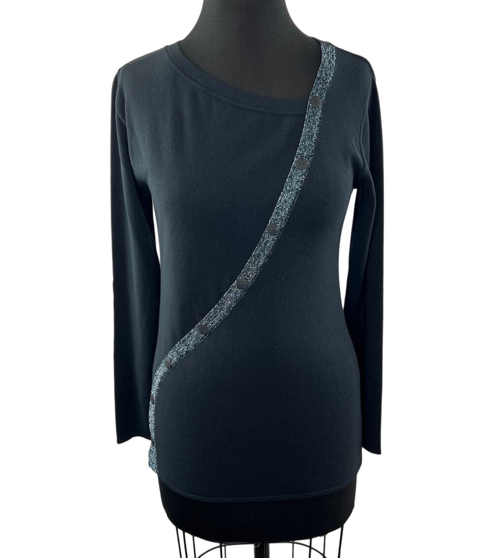 Sarah Pacini Metallic Knit Pullover Top Black Asymmetric Neck Long Sleeve Size ?